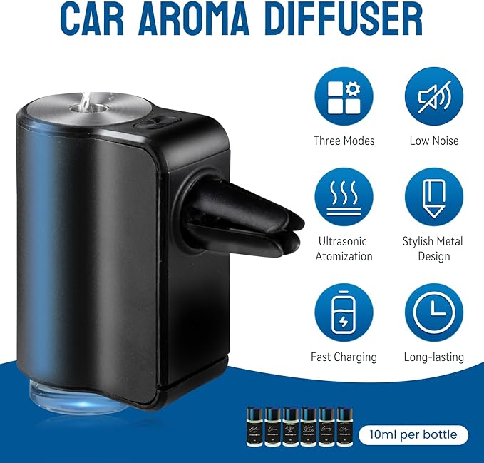 Featwell Car Air Freshener, Three Adjustable Modes Intelligent Car Aroma Diffuser, Rechargeable Car Aroma Diffuser, Black