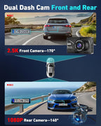 Dash Cam Front and Rear, 2.5K Dual Dash Camera for Cars W/ 64GB Card,3" IPS Screen Dash Cam Built-in 5G WIFI, Car Camera with G-Sensor, Loop Recording, Night Vision, 24H Parking Monitor,170°Wide Angle