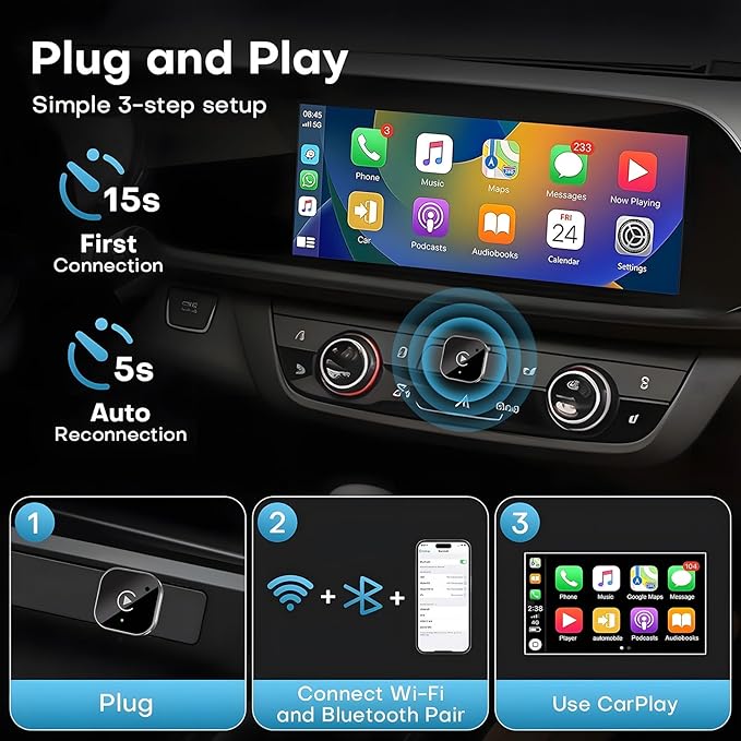USB C Wireless CarPlay & Android Auto Adapter, Wired to Wireless Dongle | Plug & Play Compatible with iPhone & Android Smartphones.