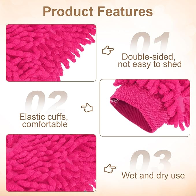 HARFINGTON 2pcs Premium Chenille Microfiber Car Wash Mitts 9.8" x 7.9" Scratch Free Wash Gloves Absorbent Double Sided Plush Cleaning Drying Mitts for Car Washing Home Rose Red