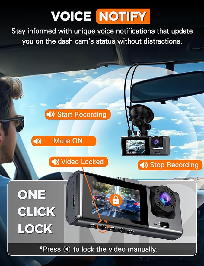 Galphi 3 Channel WiFi Dash Cam Front and Rear Inside with 64GB SD Card, 2.5K+1080P+1080P Car Dash Camera for Cars Front and Rear, Dashcam with G-Sensor, Loop Recording, 24H Parking Mode, Support 512GB