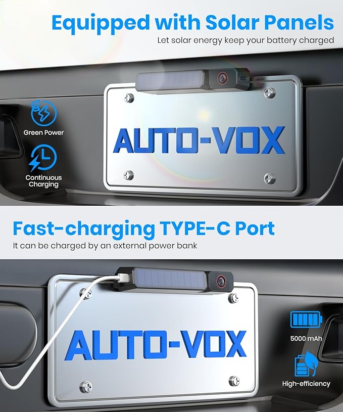 AUTO-VOX Solar Wireless Backup Camera:5" 1080P HD Monitor3-Minute Easy to Install & 5000mAh Battery Powered Back Up Camera SystemIP69K Waterproof Wide Angle Reverse Camera for Car Truck Trailer Vans
