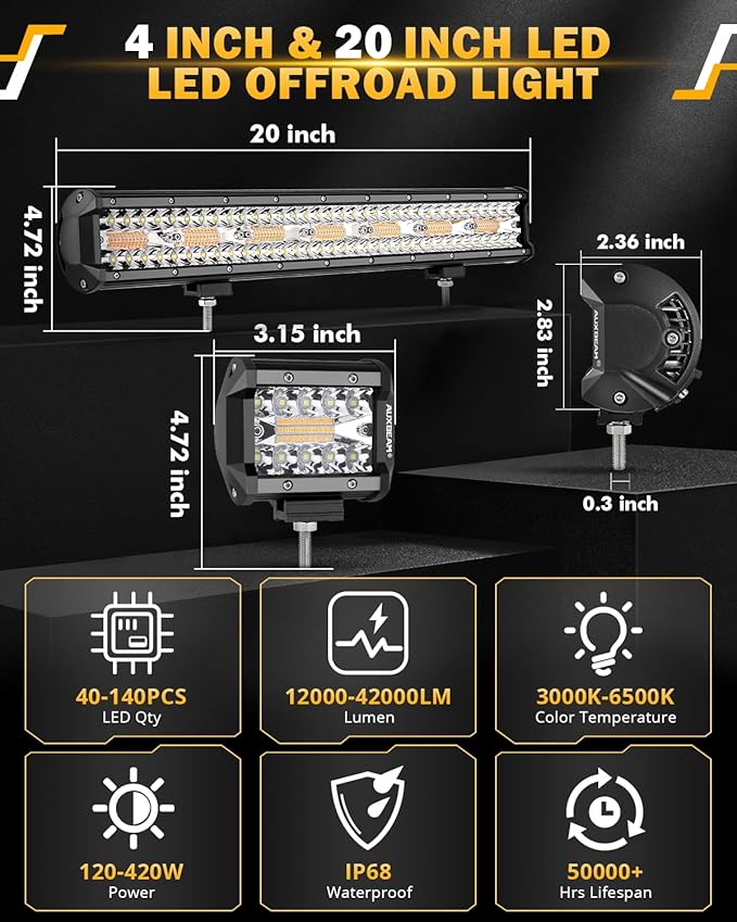 Auxbeam 20 Inch 420W LED Light Bar 2PCS 4 Inch 120W Light Pods, Amber White Strobe Off Road Fog Lights, 6 Modes Memory Reset Function Yellow Spot Flood Driving Work Ditch Lights for Truck Car ATV