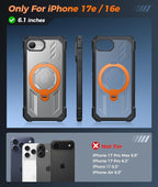 FNTCASE for iPhone 17e Phone Case: for iPhone 16e Case with [360 Spin Magnetic Ring Kickstand] [Compatible for MagSafe] [Screen Protector] Heavy Duty Military Grade Protection Case Translucent Orange