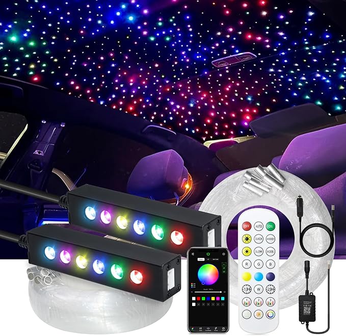 WEBUPAR 2PCS 3.2W 6LEDs Meteor Starlight Headliner Kit, 480pcs 0.01in 6.56ft, RGBW Shooting Stars Fiber Optic Lights with Bluetooth APP Control for Car/Home Theater