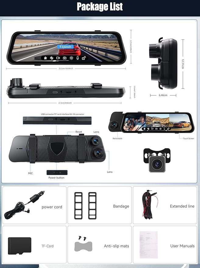 CAMECHO 3 Channel Mirror Dash Cam, 9.66" WiFi Triple Rear View Mirror with Front 1080P, Inside and Rear Cameras with G-Sensor, Night Vision, Loop Recording, Reverse Assist, APP Control, 64GB TF Card
