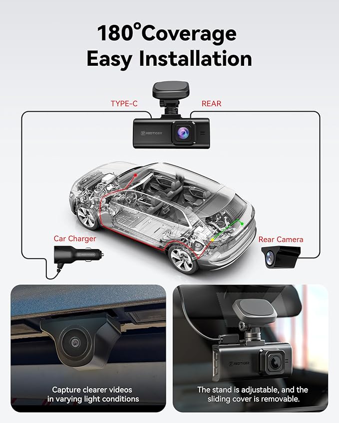 REDTIGER 4K HDR Dash Cam Front and Rear, STARVIS 2 Sensor, 5.8GHz WiFi APP, 3.18" Touchscreen, Voice Control, 128G Card Included, WDR, Dash Camera for Cars with GPS, 24H Parking Mode(F7N Elite)