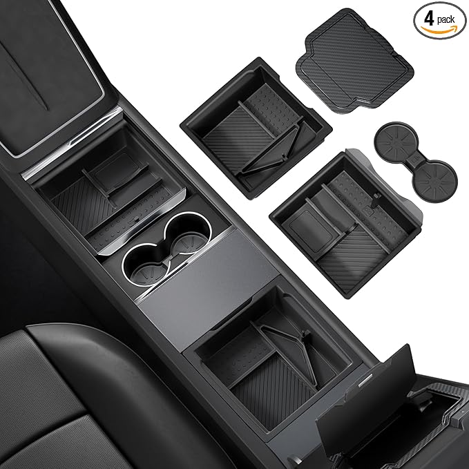 REEVAA Center Console Organizer for Tesla Model Y Juniper 2025-2026 (Premium & Performance), Model 3 Highland 2024-2026 All Trims [Dual-Tier Storage, Seamless Fit], Premium Silicone Liner, 4PCS, Black