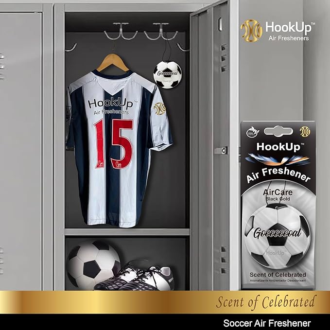Soccer Car Air Freshener by HookUp - 50 Pack - Black Gold Scent (Extra Strong) | Unique Soccer Gift for Players, Coach, Fans | Hanging Car Accessory with Long Lasting Fresheners Smell