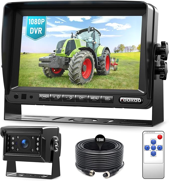 Fookoo 7" HD 1080P Wired Backup Camera System, IP69 Waterproof Vibration-Proof Rear View Camera IR Night Vision Dual Split Screen for Tractor/Excavator/Truck/Skid Steer/Harvester/Caravan - DY701