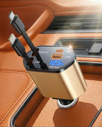2026 MimAuto 4 in 1 Retractable Car Charger, Car Charger USB C Fast Charger, Car Charger for iPhone 17/16/15/14/13, Samsungs, Tablets, Dash cams, Switch, Gold Car Accessories for Men Women