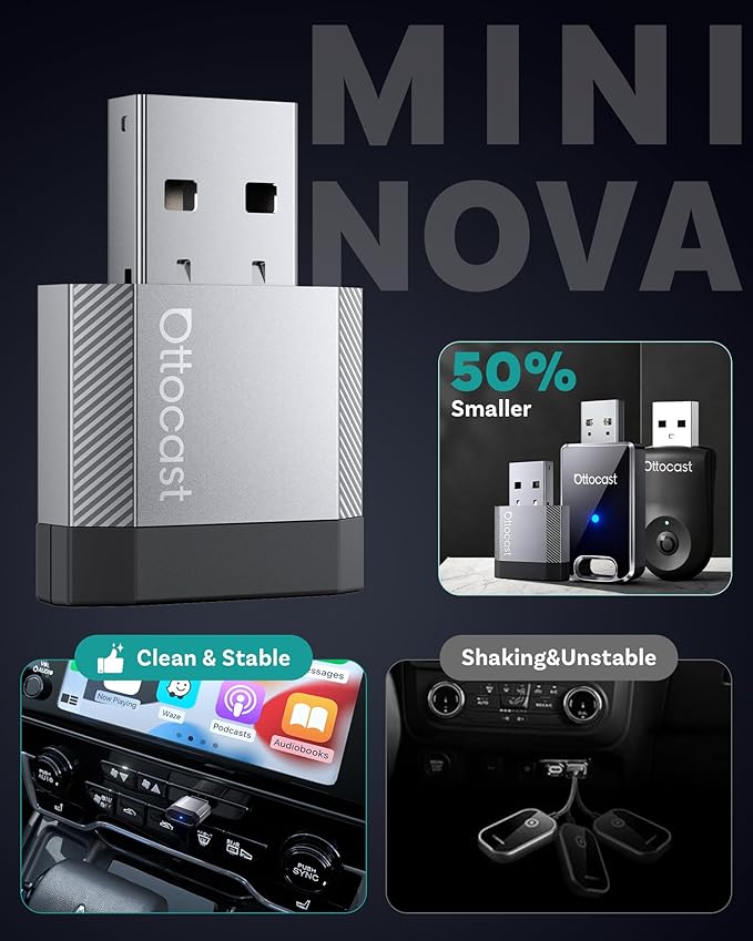 OTTOCAST Mini Nova 2 in1 Wireless CarPlay Android Auto Adapter 2026, Plug & Play USB Dongle, Fast Auto Connect, 5GHz Stable Connection, for OEM Wired CarPlay/Android Auto Cars