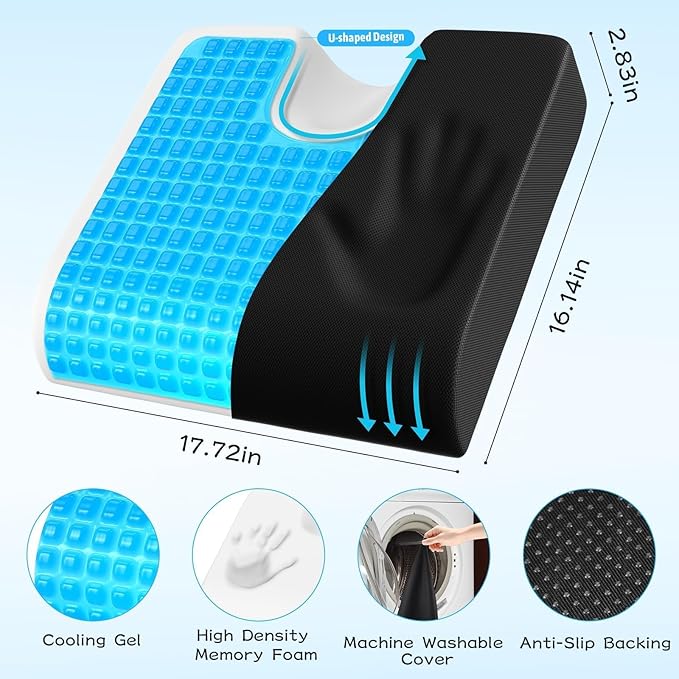 TranquilMoments U-Shaped Gel Memory Foam Seat Cushion, Wheelchair Cushion with Cooling Gel, Ergonomic Coccyx Cushion for Office Chair & Car,Relieve Tailbone Pain, Sciatica, Back Pain, Non-Slip Bottom