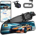 4K Mirror Dash Cam with Carplay&Android Auto,10" Rear View Mirror Camera for Cars/Trucks with Voice Control/Real 64GB Card/Touch Screen/Parking Monitor/Reverse Assist/Dual Loop Record/WDR Tech