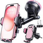 YRU True Military-Grade [360° Rotation Suction] 2026 Ultimate Car Phone Holder Mount 【90+LBS Safest Strongest & Patent Certs】 Dashboard Windshield Vent for iPhone 17 16 Pro Max Samsung, Pale Pink