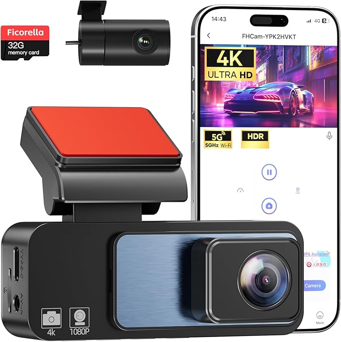 4K Dash Cam Front and Rear 3.2in HD Wireless Mounted Camera for Cars,Built-in 5GWiFi&G-Sensor,Super Night Vision,HDR, Loop Recording App Control 24 Hours Parking Monitor Included 32GB Card
