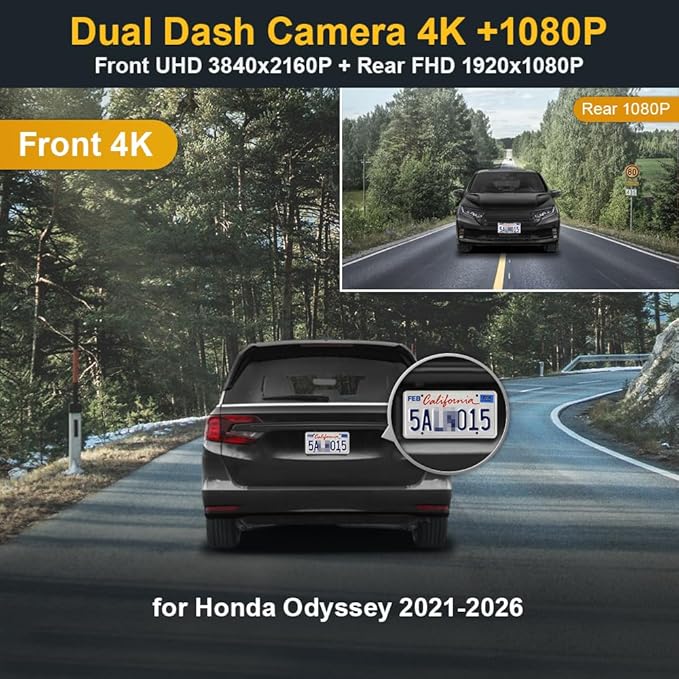 Fitcamx Front 4K+Rear 1080P Dash Cam Adapts for Honda Odyssey 2021-2026 Gen6 (HD2-D5900), OEM Factory Look, 2 Way HD Video, Built-in WiFi & APP, Loop Recording, G-Sensor, Easy to Use, 128GB Card