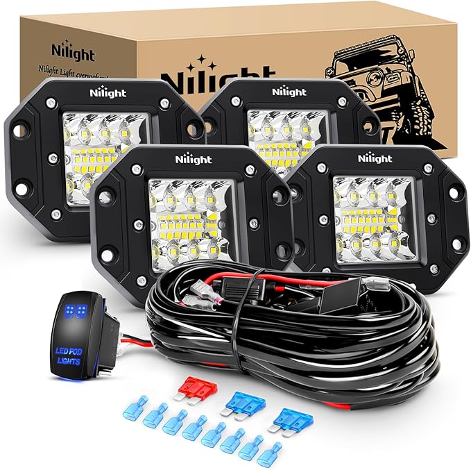 Nilight 4PCS 42W Flush Mount LED Pods Spot Flood Combo Beam Driving Backup Reverse Grill Mount Light with 16AWG LED POD Lights Wiring Harness Kit -4 Leads