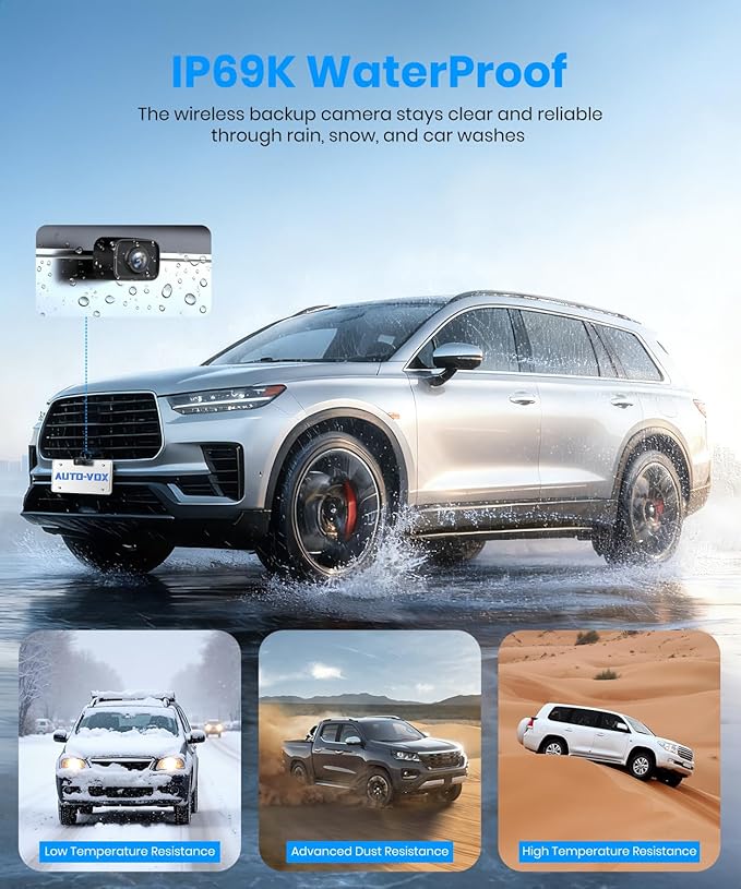 AUTO-VOX Wireless Backup Camera:1080P HD Dual-Channel Monitor, Easy Installation,Stable Digital Transmission Signal,IP69K Waterproof Night Vision Back Up Camera for Truck,SUV,Car,Vans