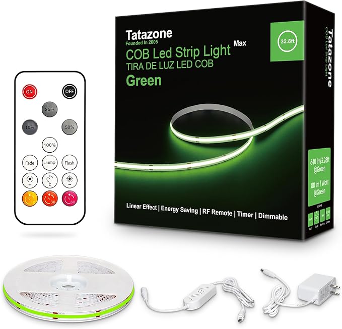 Tatazone 32.8ft Green COB Led Strip Lights with RF Remote, Dotless, Indoor, Dimmable, Adhesive Led COB Light Strip for Cabinet, Room, Bed, Paintings