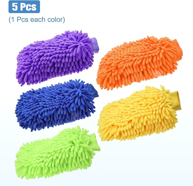 HARFINGTON 5pcs Chenille Microfiber Car Wash Mitts 9" x 5.5" Scratch Free Wash Gloves Absorbent Double Sided Plush Cleaning Drying Mitts for Car Washing Home Clean 5 Colors Mitts