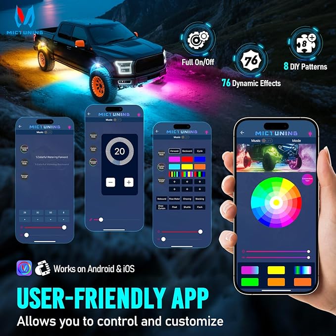 MICTUNING Q1+ MAX 20 Pods Ultra-Bright RGB Rock Lights, Multi-Color Chasing Underglow Lighting, Extensible to 24 Pods, APP Music Sync & DIY Effects, IP68 Waterproof