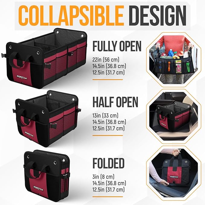 FORTEM Trunk Organizer For SUV Car Organizer and Storage, Collapsible Multi-Compartment Storage Bag Car Accessories for Women Men, 1680D Oxford, Non Slip Bottom, Adjustable Straps, Soft Cover (65L)