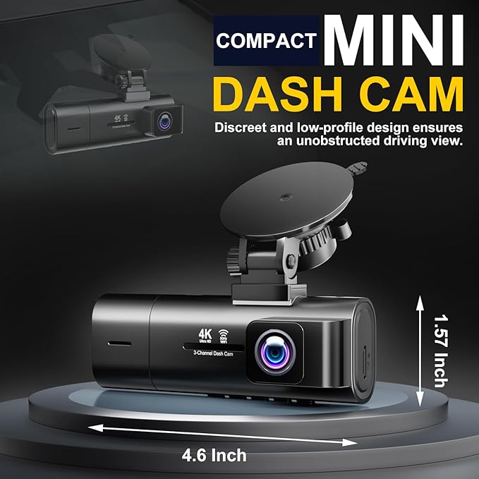 4K Dash Cam Front and Rear Inside,3.16" IPS,3 Channel Dash Cam for Car with 5G WiFi,Free 64GB Card,170° Wide Angle,Loop Recording,G-Sensor,WDR,Night Vision,Time-Lapse,24H Parking Monitor