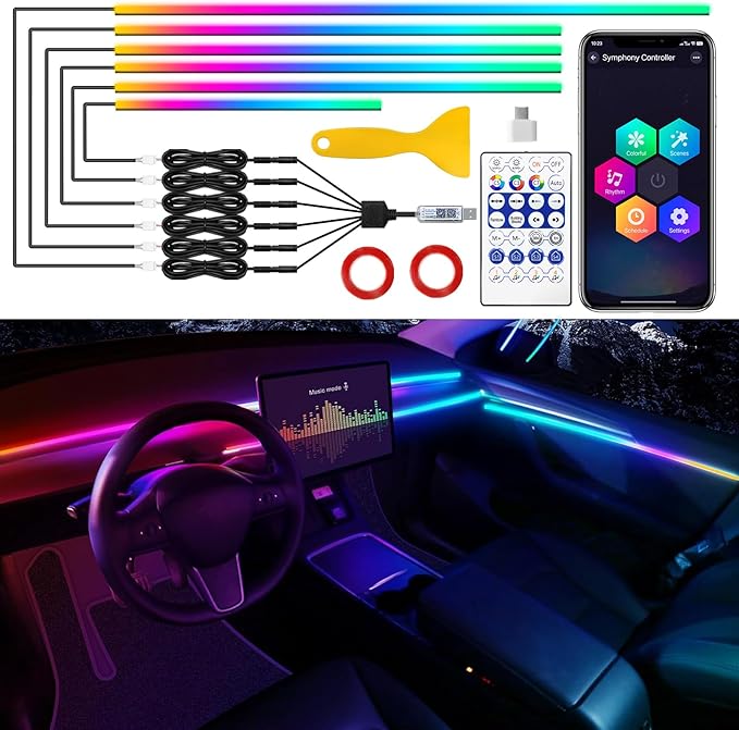 Acrylic Interior Car LED Strip Light with USB/Type C, RGB 6 in 1 with 175 Inch 593 LEDs Strip, Dynamic Chasing Music Sync Neon Ambient Lighting Kits