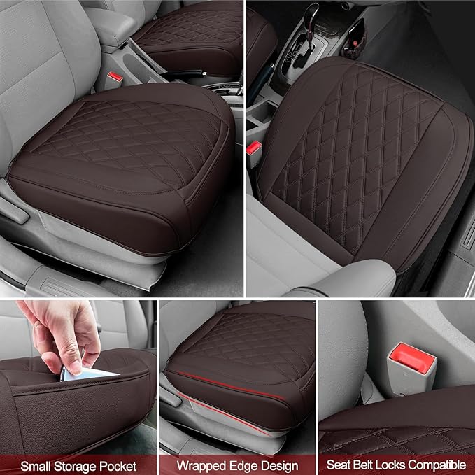2 Pack Leather Front Car Seat Cover Bottom Car Seat, Anti-Slip and Full Wrap Driver Seat Protectors with Storage Pocket, Luxury Waterproof Bottom Auto Seat Cushion Pad Mat for Most Vehicles(Coffee)