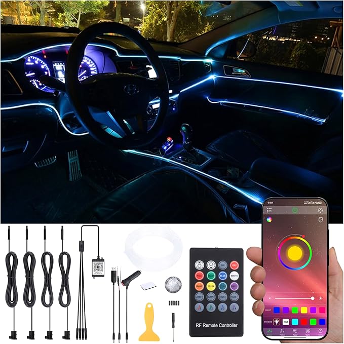 5 m Optic Fiber Car Ambient Lighting Kit Bluetooth App Control + RF Remote Control 64 Colors Multicoloured Music Interior Lighting Kit 12V 1W