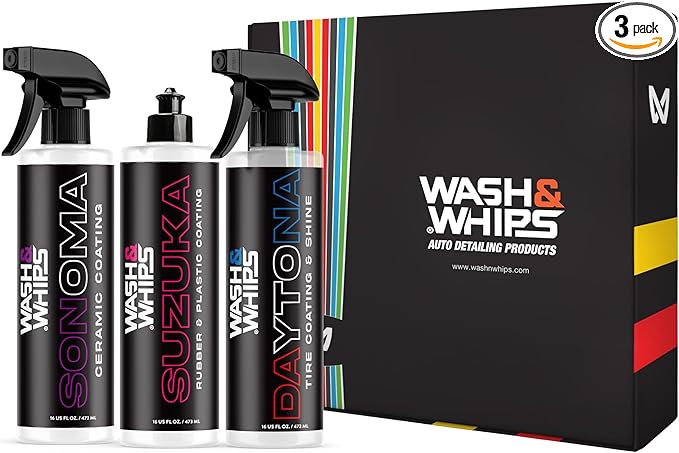 WASH&WHIPS SEAL - Exterior & Car Shine Kit (Step 3) – Sonoma Ceramic Coating Spray, Daytona Tire Shine, Suzuka Rubber & Plastic Coating – Long-Lasting Protection, Hydrophobic, Easy Application