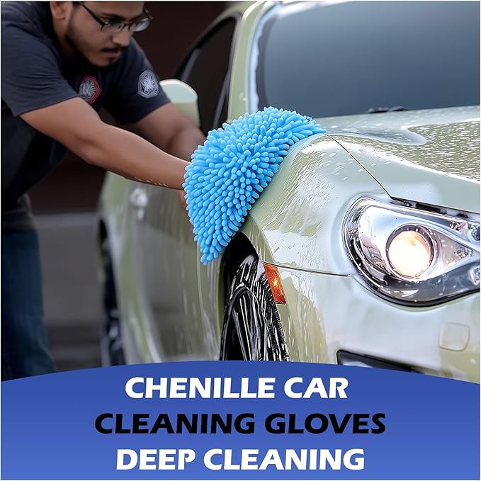 4Pcs Car Wash Mitt Microfiber Gloves Chenille Material Microfiber Towels for Car Washing Supplies Kit Scratch Free Cleaning Sky Blue + Green