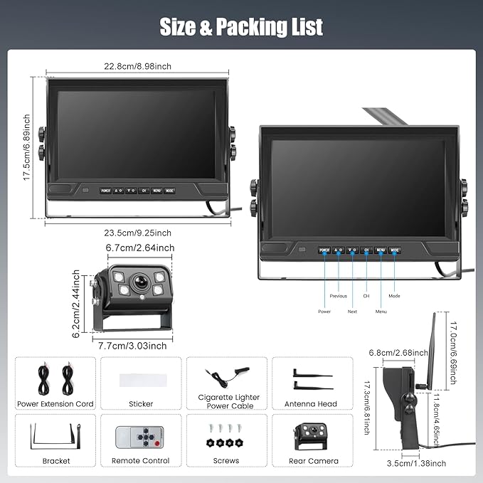 9 Inch Monitor Wireless Backup Camera System with Loop Recording, 12-24V for Truck, Trailer, RV, Bus Reversing Camera IP68 Waterproof Night Vision, Waterproof Back Up Camera Kit