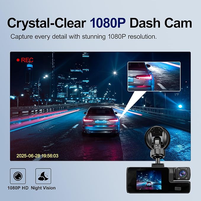 1080P 3 Channel Dash Cam Front and Rear Cabin Recording, 2.0" IPS Screen Camara para Carro, G-Sensor, Night Vision Loop Recording, Motion Detection, Heatproof, Electronics Max 64GB Support
