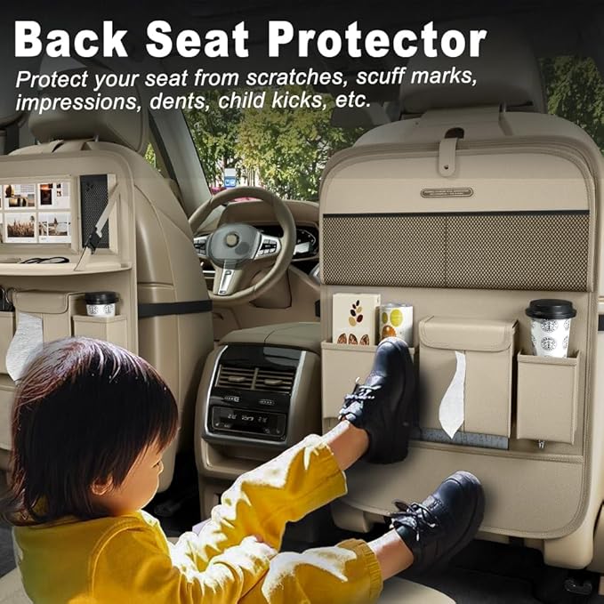 XDV Car Seat Organizers,Multi-functional Back Seat Protectors, Storage Pouches, and Tray Holders (for Cars, Kids, Seat Back and Rear Seats) (Plain Beige, 2 Pcs)