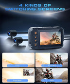 Dual Channel Dash Cam for Motorcycle, 3" HD IPS Screen, 720P Front and 480P Rear, Parking Monitoring, G-Sensor, Motion Sensing, Loop Recording, IP67 & HDR, for All Motorcycles