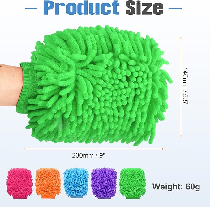 HARFINGTON 5pcs Chenille Microfiber Car Wash Mitts 9" x 5.5" Scratch Free Wash Gloves Absorbent Double Sided Plush 5 Color Cleaning Drying Mitts for Car Washing Home Clean