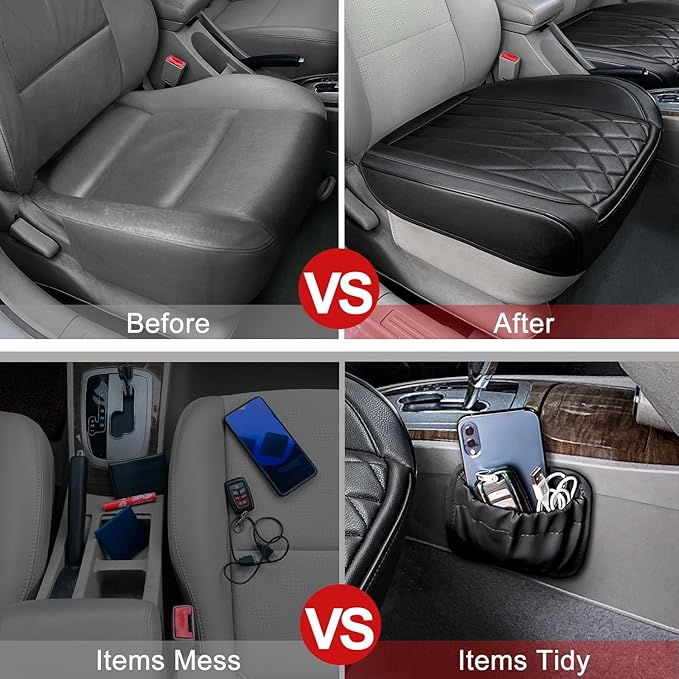 BEITK 2 Pack Leather Front Car Seat Cover Bottom Car Seat, Universal Anti-Slip Driver Car Seat Protectors with Storage Pocket, Waterproof Bottom Auto Seat Cushion Pad Mat for Most Vehicles(Black)