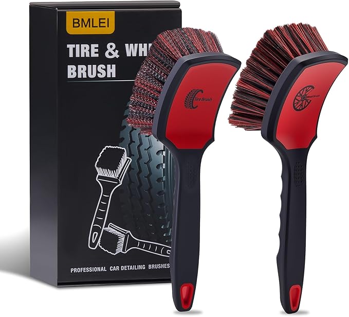 BMLEI Wheel & Tire Brush Set, 2 Pack Car Wheel Brush & Tire Cleaner Brushes, Soft Bristle Rim Brush and Stiff Tire Scrub Brush, Scratch-Free Wheel Cleaning Kit for Car Detailing, Trucks, SUVs