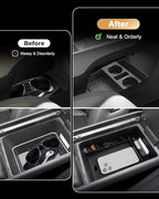 ECOZEN 2026 Santa Fe Center Console Organizer - 2 Pcs Armrest Box Storage Tray + Lower Center Console Tray With Extra Two Cup Holders For 2024-2026 Hyundai Santa Fe/Hybrid Interior Accessories