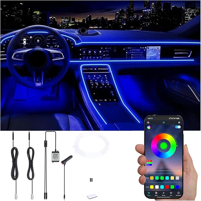 Car Interior Ambient Lighting Kit Multicolor RGB 3m Optic Fiber 64 Colors Sound Active Music Sync Memory Function Wireless Bluetooth APP Control Car Atmosphere Light DC 12V