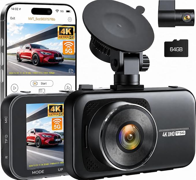 4K Dash Cam Front and Rear, Free 64GB Card Included, Full HD 3.0” IPS Screen Dash Camera for Cars with 5G Wi-Fi & App Control, Night Vision,WDR, G-Sensor, Loop Recording, Parking Mode for Drivers