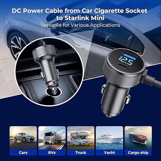Starlink Mini Cable, 3 in 1 Starlink Mini Car Charger DC Power Cable+ Cigarette Lighter Adapter 12V-48V with Digital Display, Durable USB C PD 40W and USB A 35W Ports for Trucks and Cars (13.1FT)