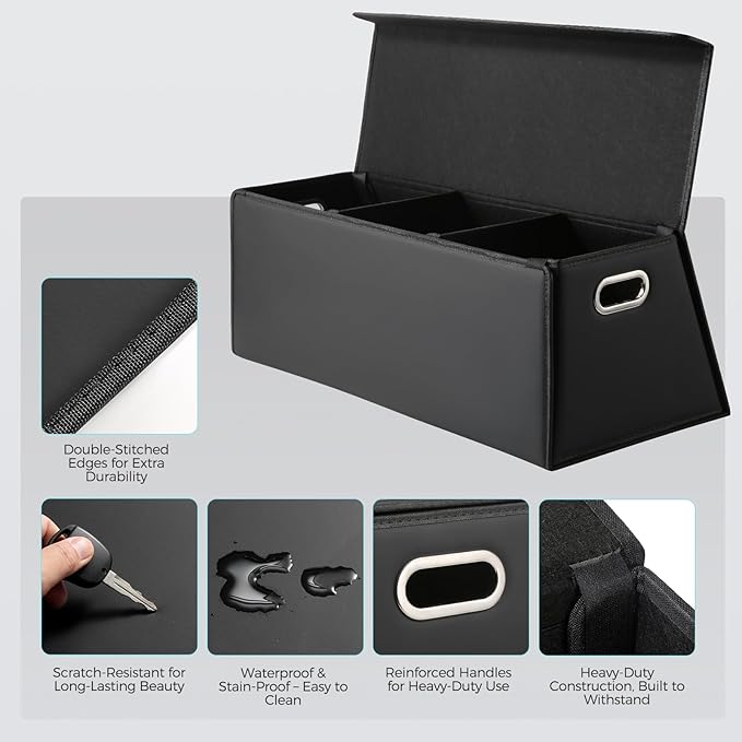 Fyzeoty Car Organizers and Storage - Trunk Organizer for Suv Car,Car Trunk Leather Storage Box,Extra Large,Magnetic Lid,Collapsible and Adjustable Trapezoidal-Black