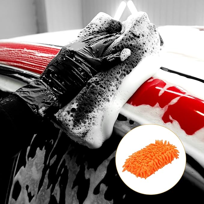HARFINGTON Car Wash Sponge 8.7" x 4.3" Chenille Microfiber Mitt Scratch-Free Absorbent Scour Scrubber Cleaning Sponge for Washing Detailing on Cars, Trucks, SUV, Boats, RVs, Orange