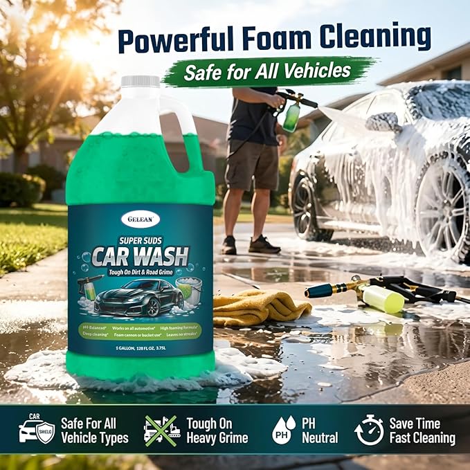 Car Wash Soap – Super Suds High Foaming- Deep Cleaning | Foam Cannon or Bucket Use | Cars, Trucks & Motorcycles |pH-Balanced, Streak-Free | Removes Dirt & Grime | Concentrated car shampoo - 1 Gallon