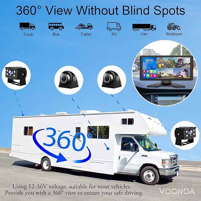 4K RV Backup Camera System 10.36" Quad Split Touch Screen Monitor with 4 1080P Rear Side View Camera, DVR Recording Bluetooth MP3 MP5 IP69 Waterproof Night Vision for RV Truck Trailer Tractor