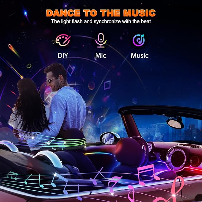 Jushope Car LED Strip Lights, Interior Acrylic LED Lights for Car with Dynamic Rainbow Dream Color Chasing, Ambient Lighting Kits Music Sync (6 in 1(4 * 29.5+43.3+14.5 inches))