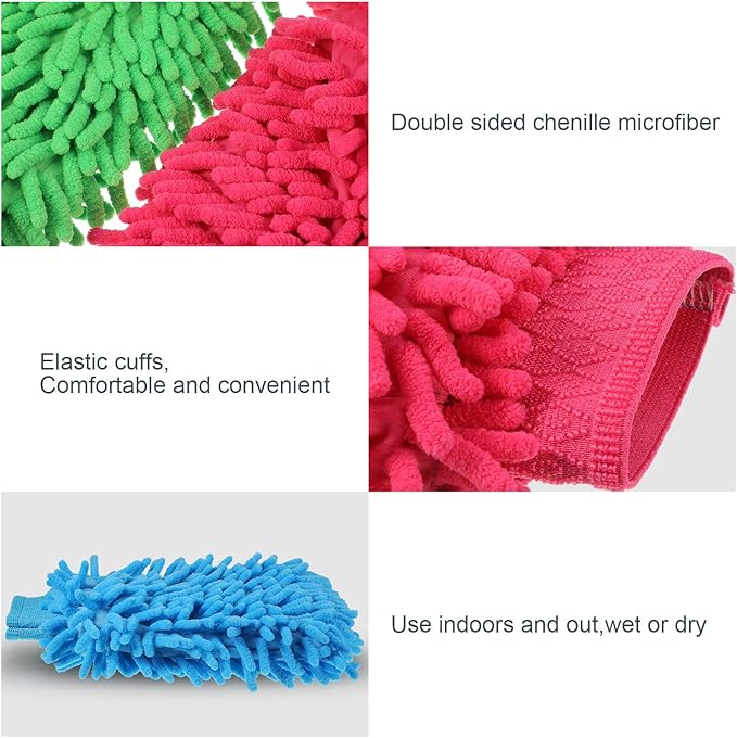 BBTO 5 Pack Car Wash Mitts Scratch Free Premium Chenille Microfiber Mitts 6" x 9" Double Sided Lint-Free Car Wash Gloves for Trucks, SUVs, Motorcycles, and More